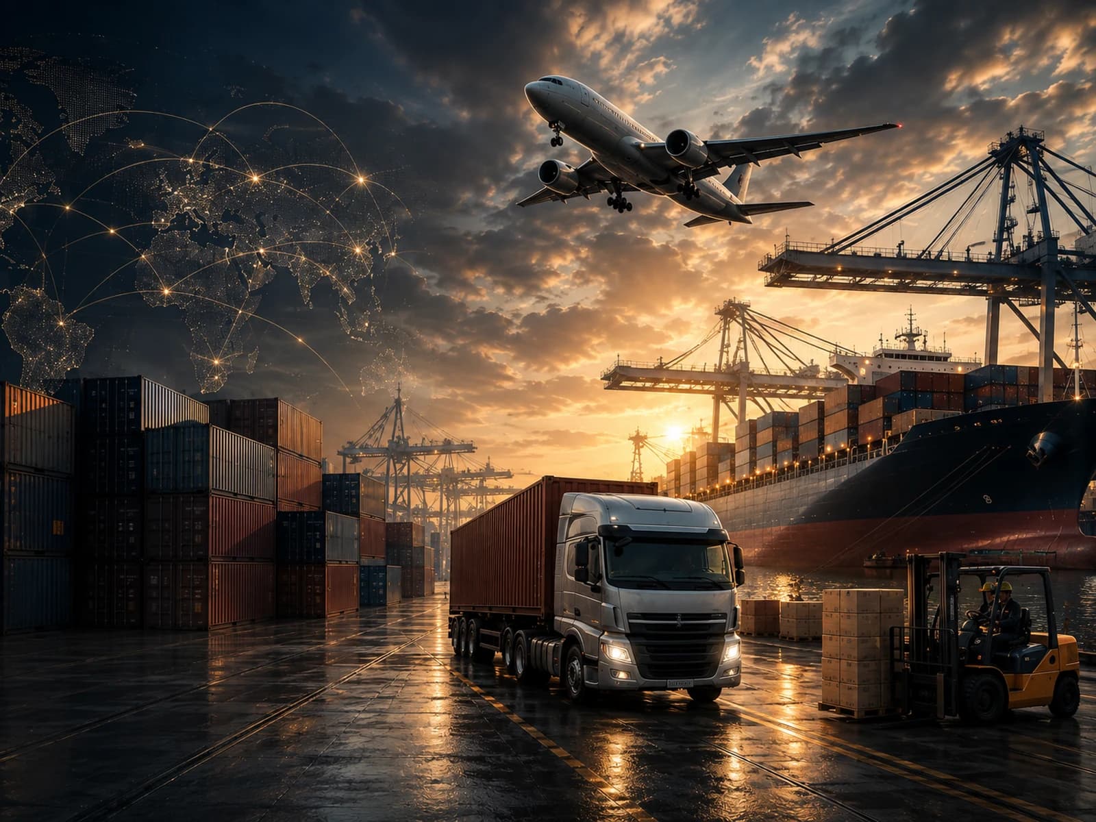 Global logistics environment showing aircraft, cargo ship, containers and road transport