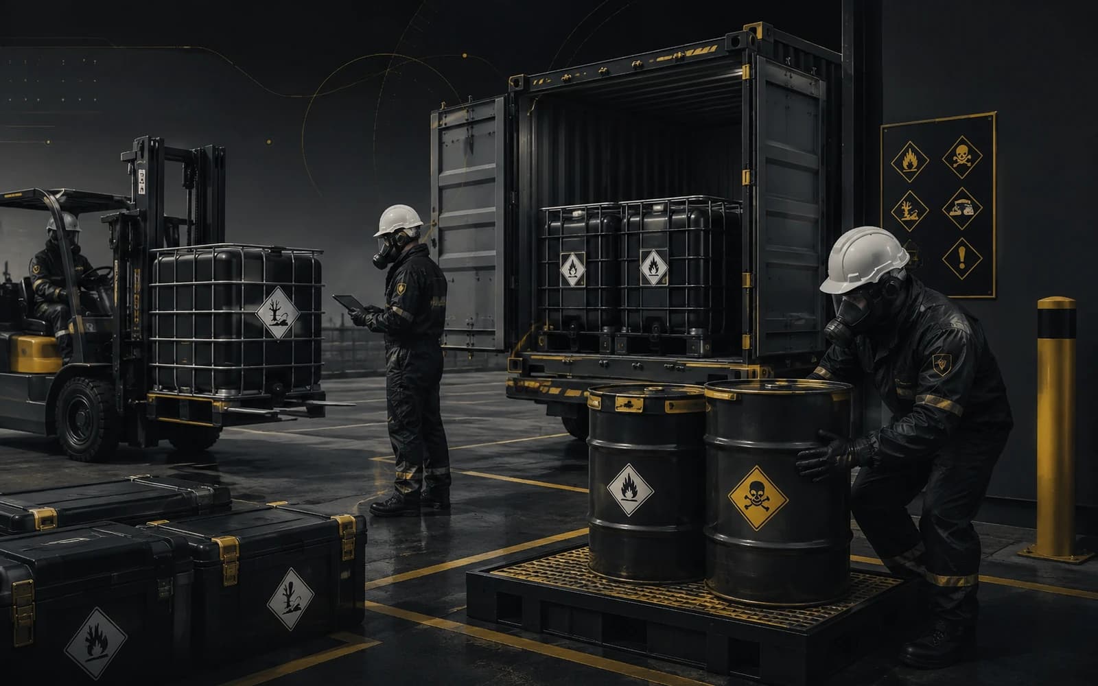 Specialized hazardous cargo handling with trained personnel, protective equipment, and controlled logistics procedures.