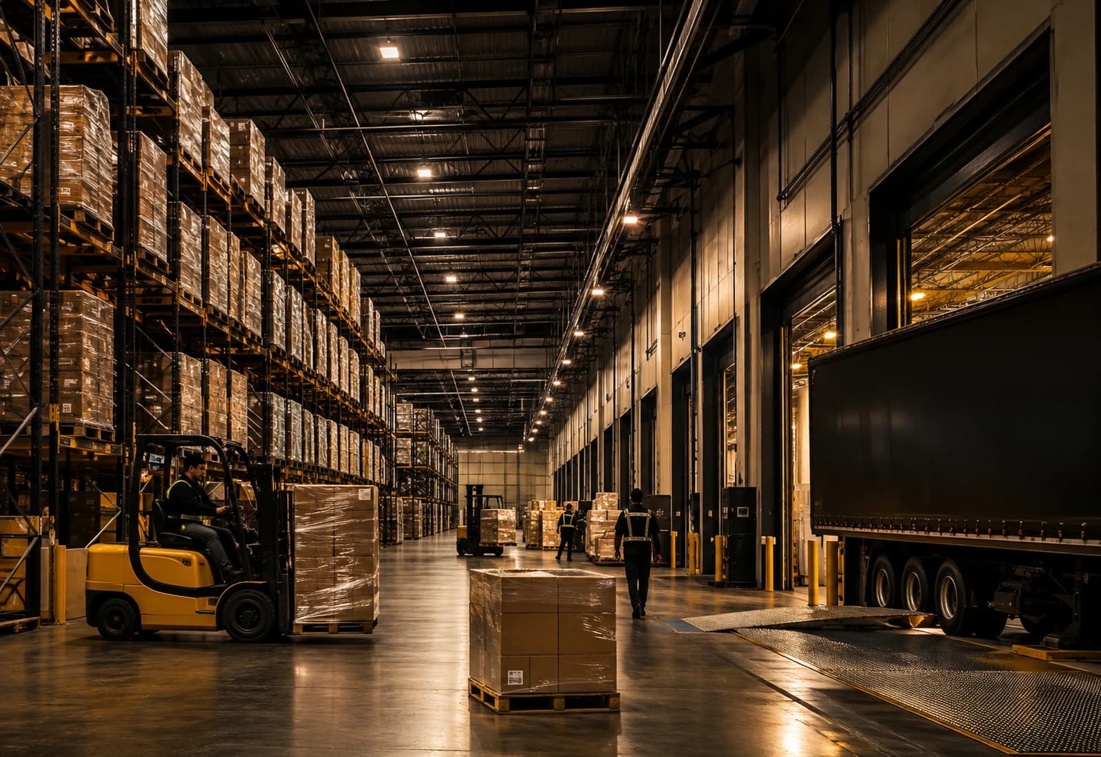 Warehouse and distribution operations with pallet storage, forklift handling, and outbound loading activity.